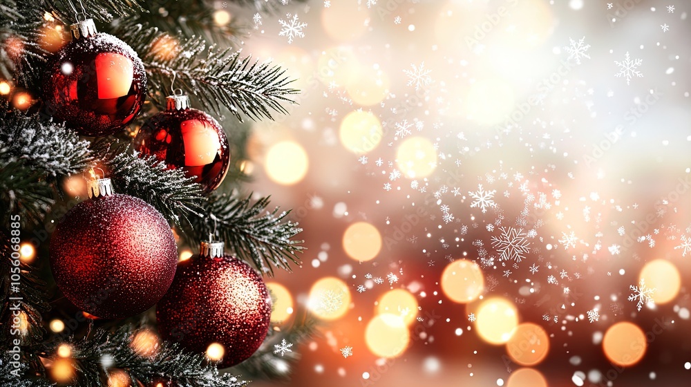 Embrace the Holidays: Stunning Red Glass Ornaments on a Pine Tree - Perfect for a Cheerful Winter Poster or Cozy Sports Room Decor with Dreamy Glowing Lights and Snowflakes Embrace the Holidays: Stunning Red Glass Ornaments on a Pine Tree - Perfect for a Cheerful Winter Poster or Cozy Sports Room Decor with Dreamy Glowing Lights and Snowflakes