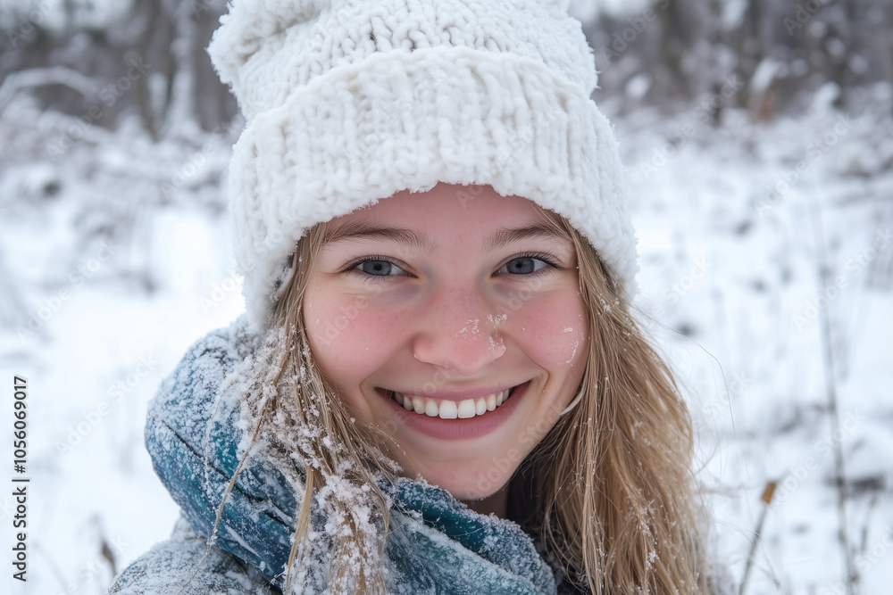 Beautiful young adult woman portrait smiling close up wearing white cozy winter cap against snowy snow winter background. Beautiful young adult woman portrait smiling close up wearing white cozy winter cap against snowy snow winter background.