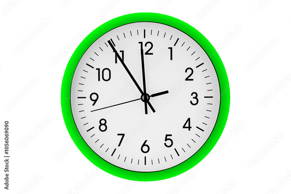 Green watch, wall clock 11 hours 45 minutes on isolated or white background close up Green watch, wall clock 11 hours 45 minutes on isolated or white background close up