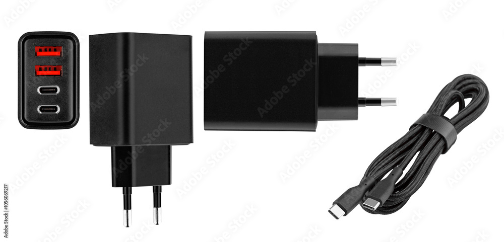 set power adapter, charging adapter with USB and Type-C connector on isolated and white background, close-up set power adapter, charging adapter with USB and Type-C connector on isolated and white background, close-up