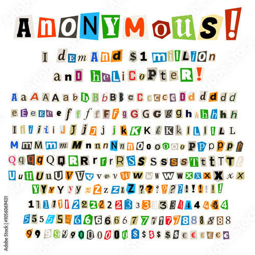 Anonymous color criminal letters cut from newspapers and magazines. Cut out ransom vector letters alphabet. Blackmail or ransom kidnapper anonymous note font. Vector illustration.
