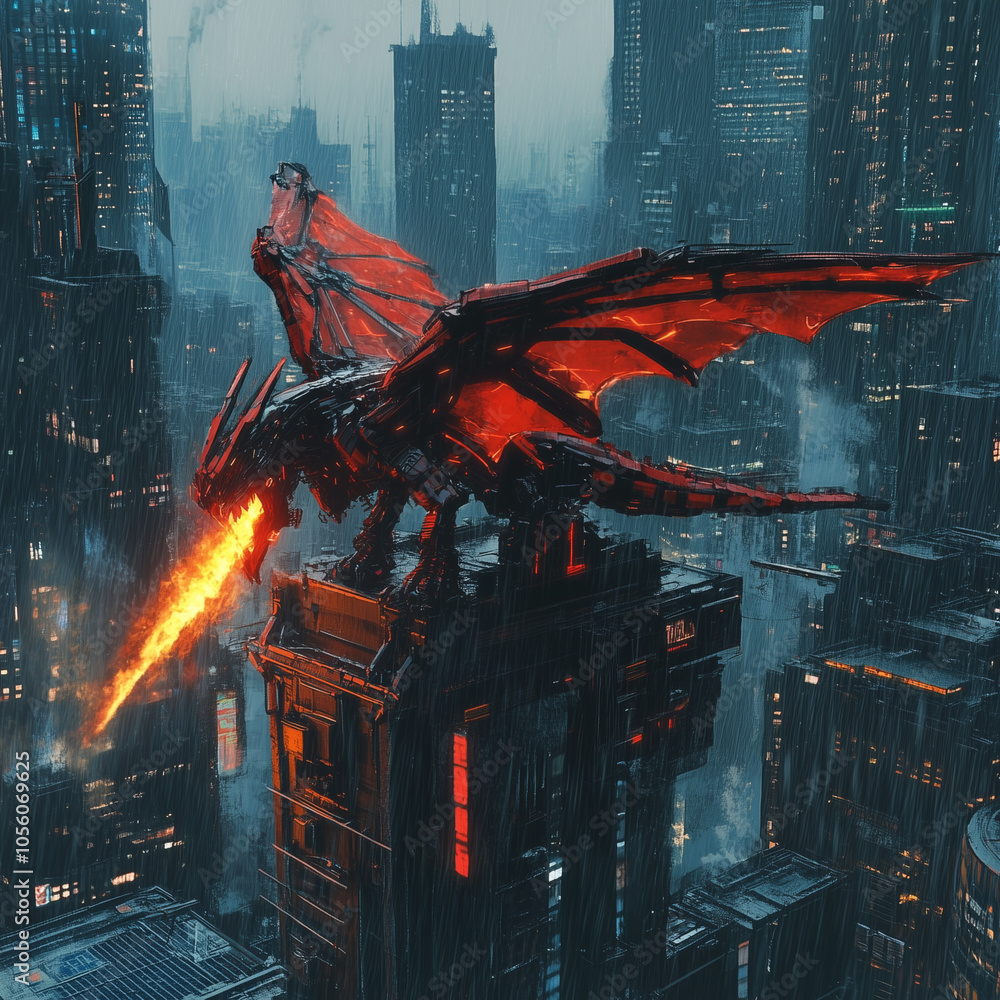 Red robot dragon with wings breathing fire on top of a building in a ...