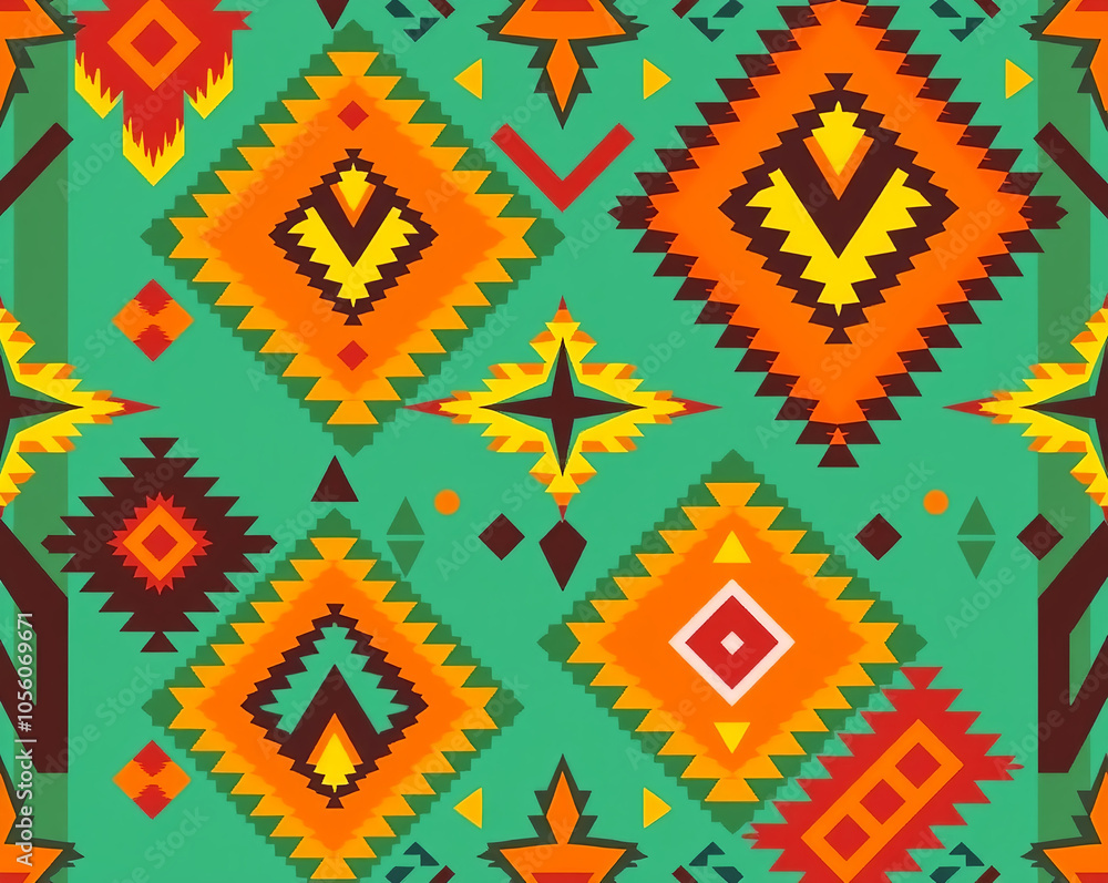 Generate a vibrant Aztec-inspired seamless pattern with bold, geometric designs in a mix of earthy tones and bright accents. Incorporate traditional symbols like triangles, zigzags, and chevrons, crea Generate a vibrant Aztec-inspired seamless pattern with bold, geometric designs in a mix of earthy tones and bright accents. Incorporate traditional symbols like triangles, zigzags, and chevrons, crea