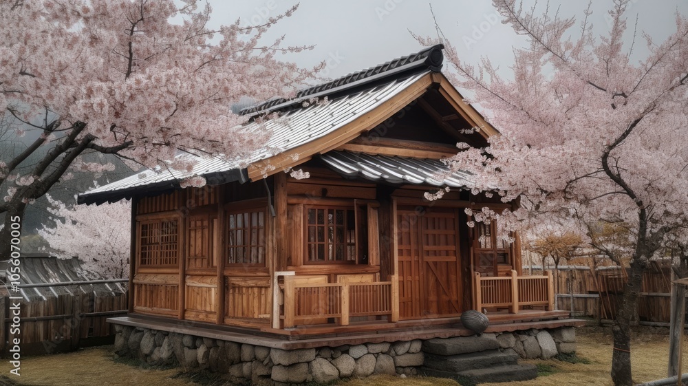 idyllic wooden house in a quiet location with cherry blossoms idyllic wooden house in a quiet location with cherry blossoms