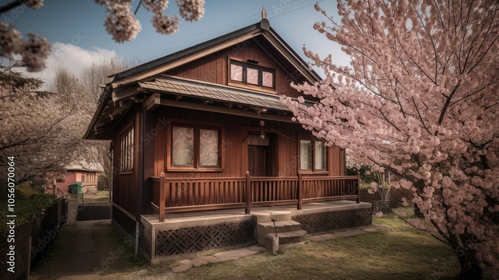 idyllic wooden house in a quiet location with cherry blossoms idyllic wooden house in a quiet location with cherry blossoms