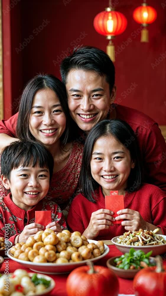 Happy Family Celebrates Lunar New Year with Traditional Food and Red Envelopes, vertical video Happy Family Celebrates Lunar New Year with Traditional Food and Red Envelopes, vertical video