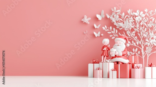 Santa Claus and a little girl sit on gifts in front of a pink wall with a white tree and butterflies.