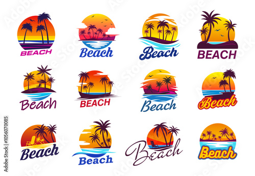 Summer tropical sunrise, palm trees and island beach icons, vector travel, summer vacation and holidays. Tropical island resort beach with palm trees, ocean waves and sun, chairs and umbrella symbols
