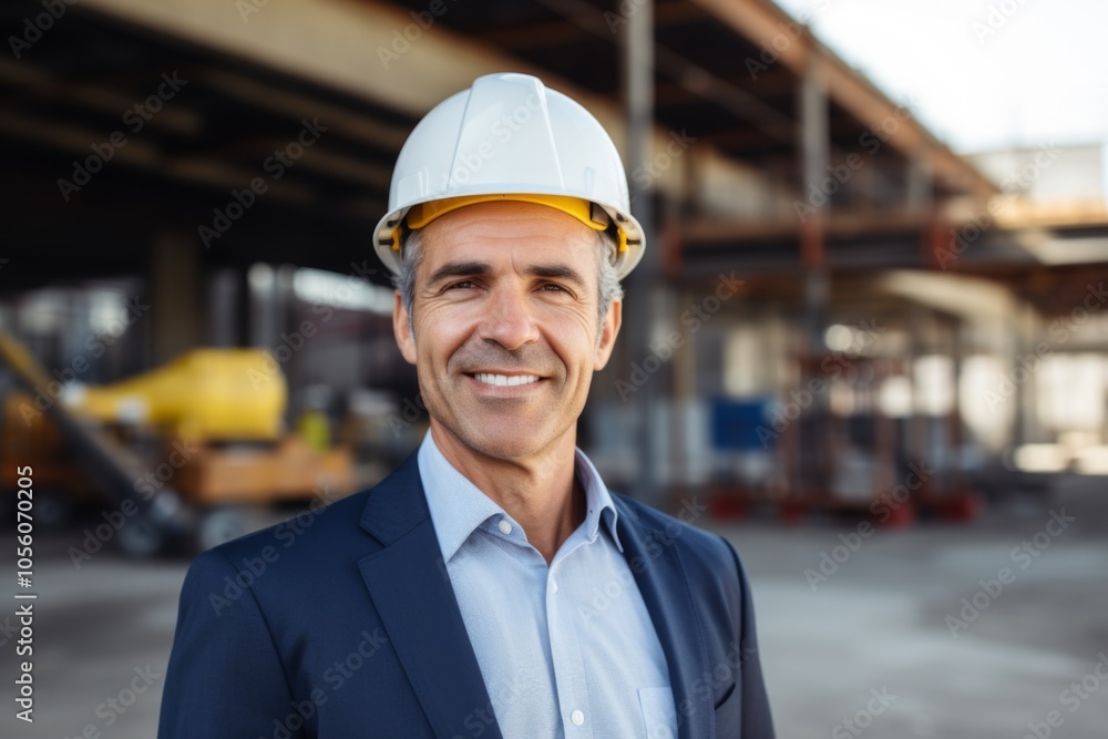 Smiling portrait of a middle aged Caucasian businessman on construction site Smiling portrait of a middle aged Caucasian businessman on construction site