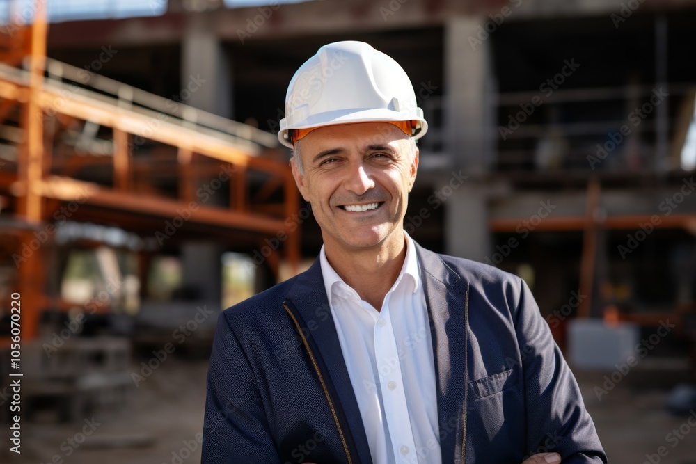 Smiling portrait of a middle aged Caucasian businessman on construction site Smiling portrait of a middle aged Caucasian businessman on construction site