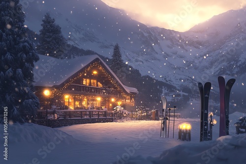 Chalet traditionnel illuminé sous les flocons au crépuscule hivernal
