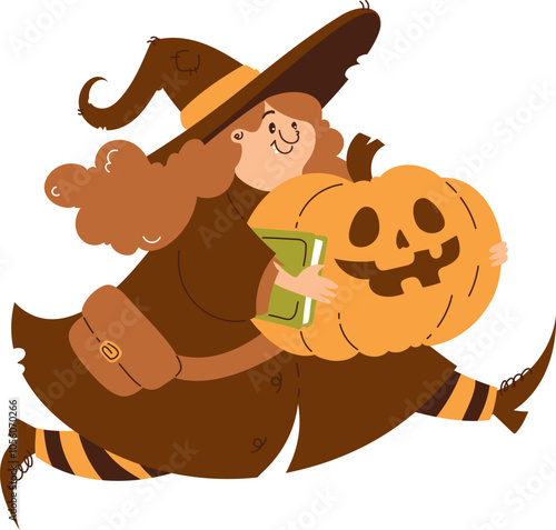 Playful illustration of a young witch holding a jack-o-lantern and a spellbook, joyfully running in a Halloween-themed scene.