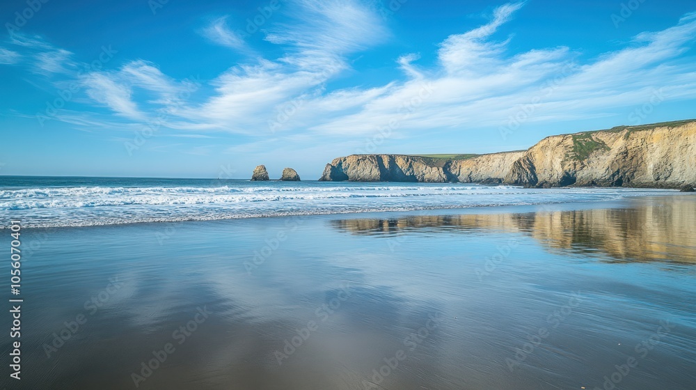 A serene beach scene with cliffs and gentle waves under a blue sky. A serene beach scene with cliffs and gentle waves under a blue sky.