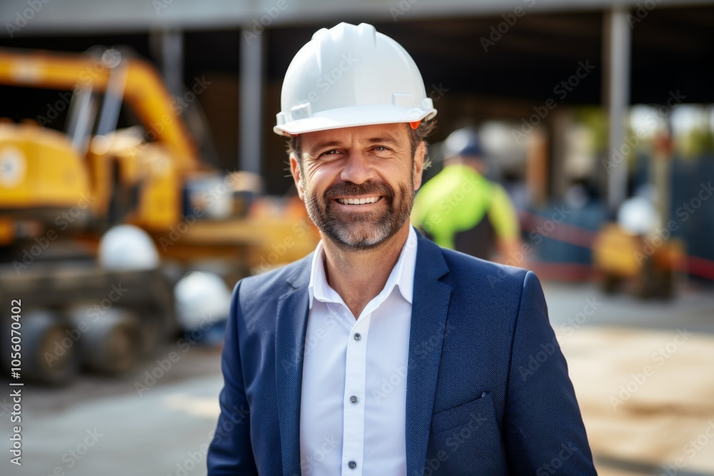 Smiling portrait of a middle aged Caucasian businessman on construction site Smiling portrait of a middle aged Caucasian businessman on construction site