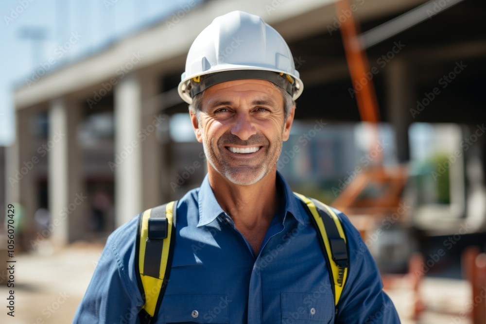 Smiling portrait of a middle aged Caucasian businessman on construction site Smiling portrait of a middle aged Caucasian businessman on construction site
