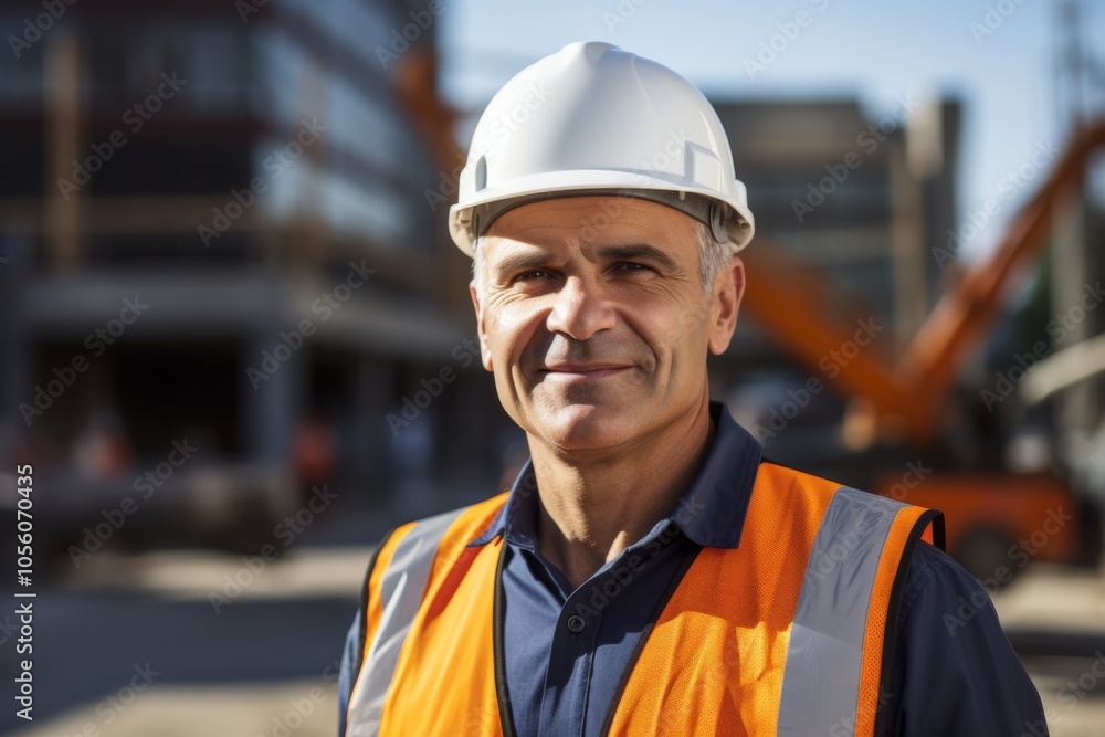Smiling portrait of a middle aged Caucasian businessman on construction site Smiling portrait of a middle aged Caucasian businessman on construction site