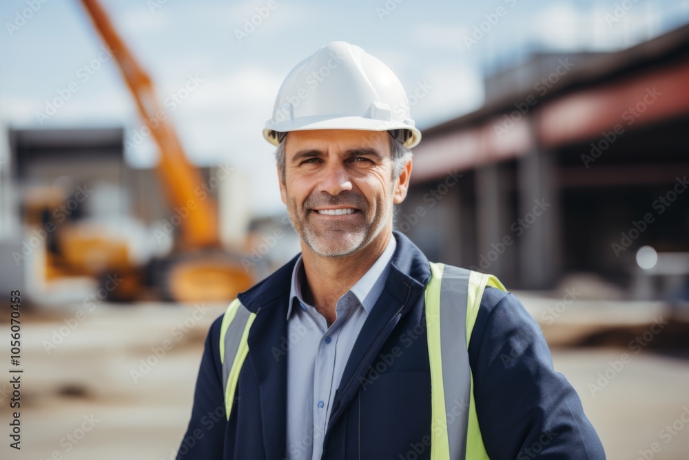 Smiling portrait of a middle aged Caucasian businessman on construction site Smiling portrait of a middle aged Caucasian businessman on construction site