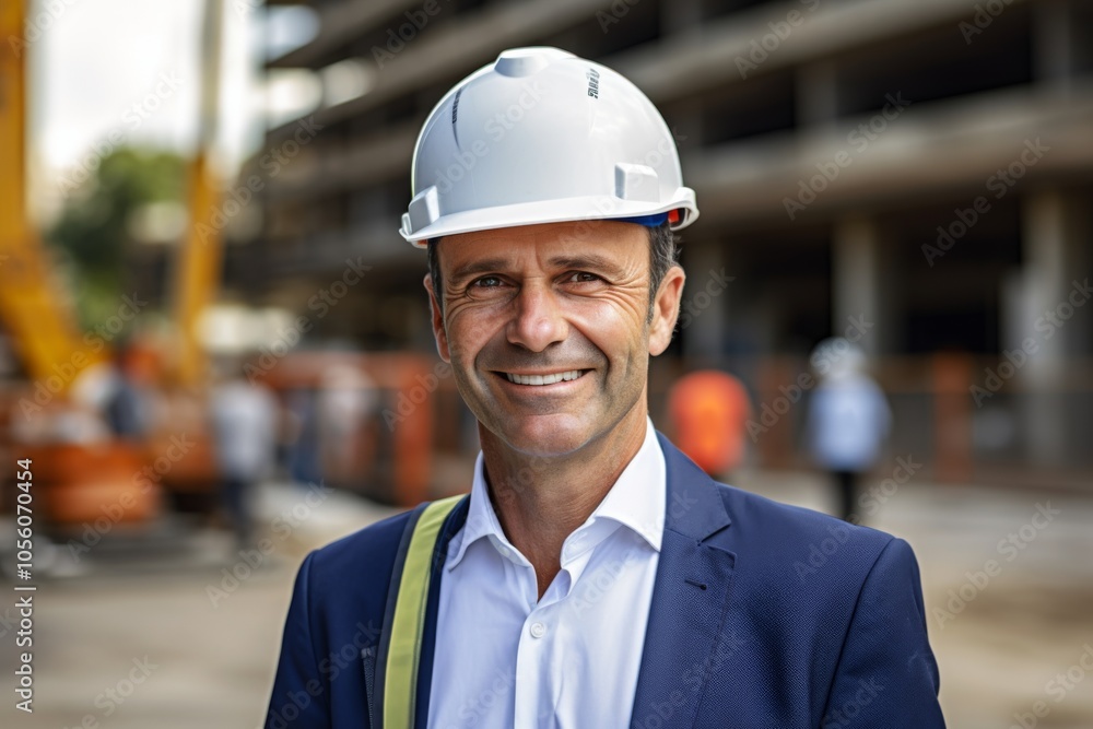 Smiling portrait of a middle aged Caucasian businessman on construction site Smiling portrait of a middle aged Caucasian businessman on construction site