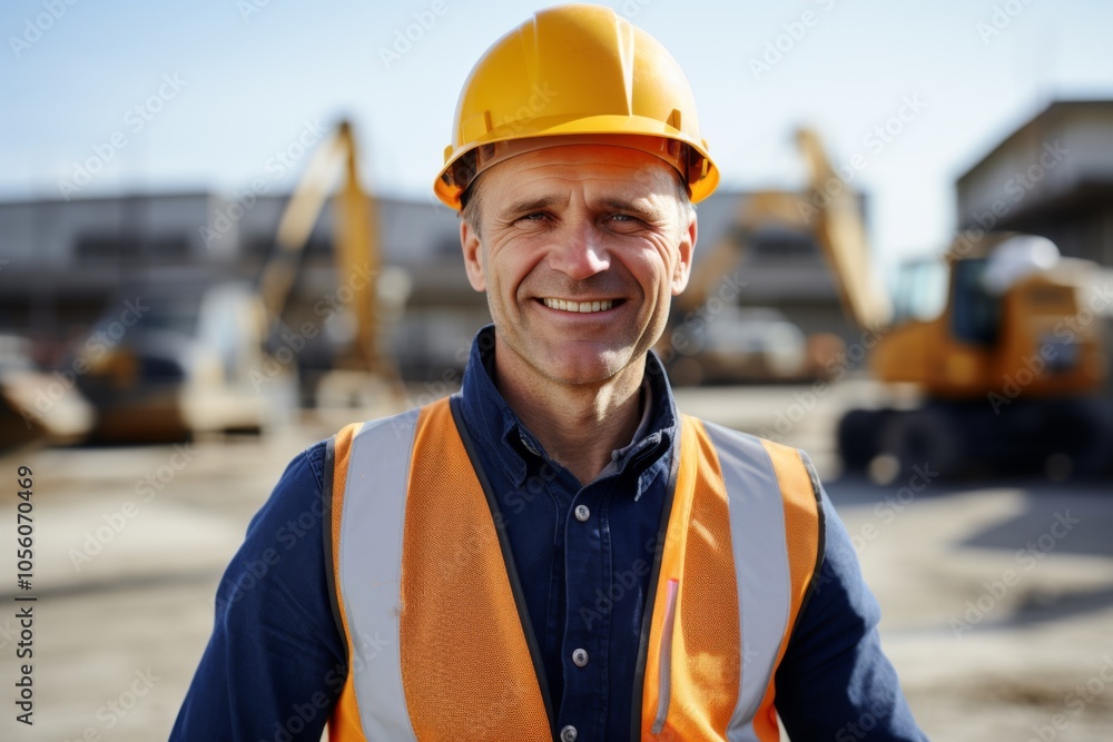 Smiling portrait of a middle aged Caucasian businessman on construction site Smiling portrait of a middle aged Caucasian businessman on construction site