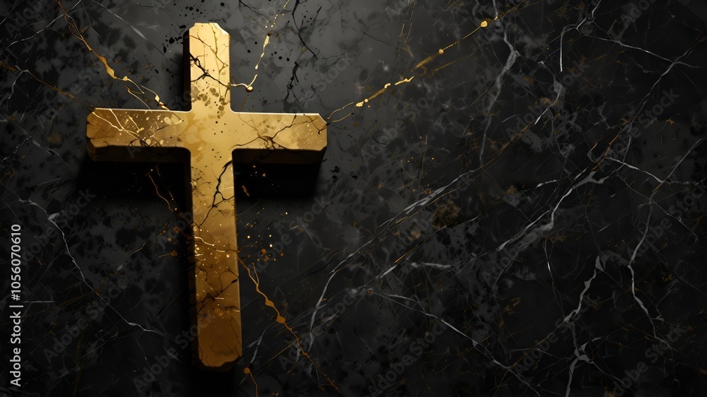 Golden cross on the black marble stone Golden cross on the black marble stone