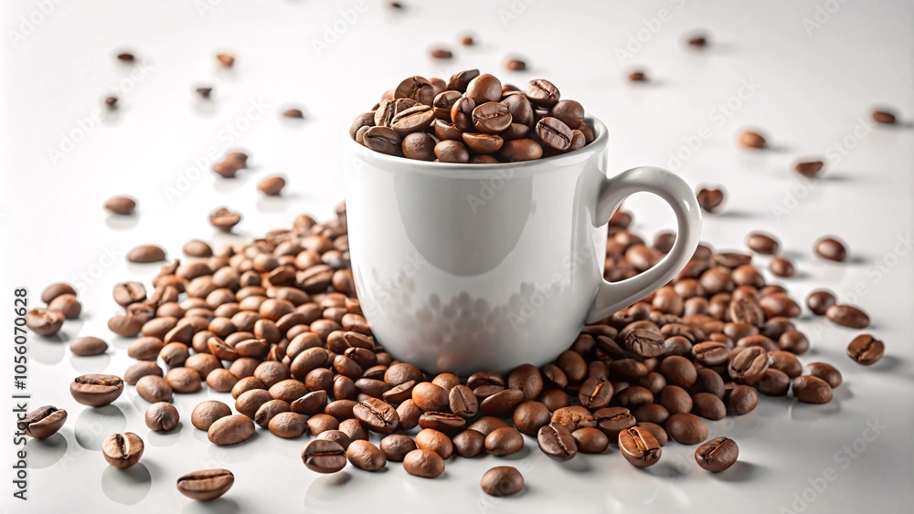 Overflowing Coffee Beans in a white mug scattered, close-up V4 Overflowing Coffee Beans in a white mug scattered, close-up V4