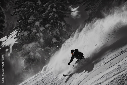 Skieur en action dans la poudreuse en noir et blanc
 photo