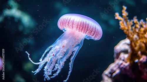 Jellyfish swimming in the sea water column. Dark blue depth of the ocean. Illustration for banner, poster, cover, brochure or presentation. photo