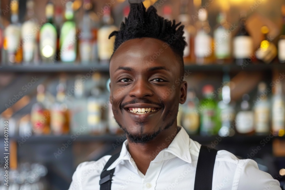 Smiling portrait of a young African American male bartender Smiling portrait of a young African American male bartender