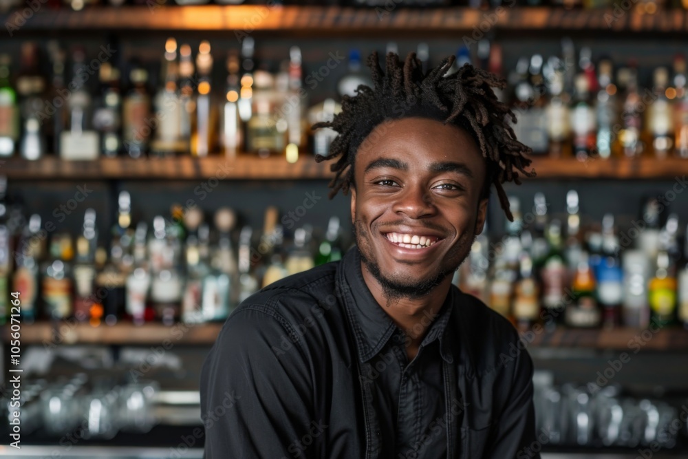 Fototapeta premium Smiling portrait of a young African American male bartender