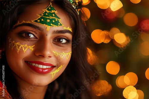 Joyful indian woman with festive face art and christmas tree celebration in a cheerful setting