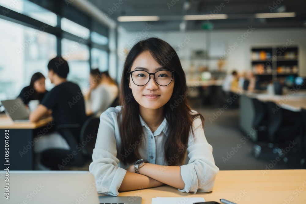 Smiling portrait of a young hipster woman in office Smiling portrait of a young hipster woman in office