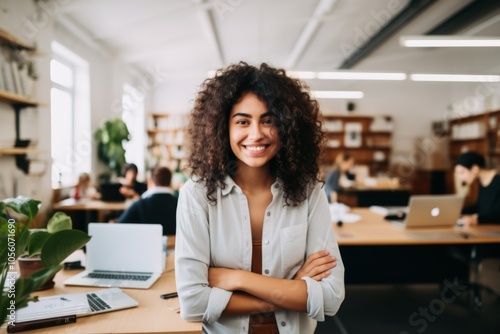 Smiling portrait of a young hipster woman in office