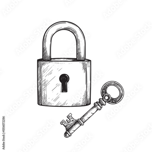 Hand drawn sketch style padlock and key. Vintage retro etched illustration. Safety and security symbols. Vector illustration isolated on white.