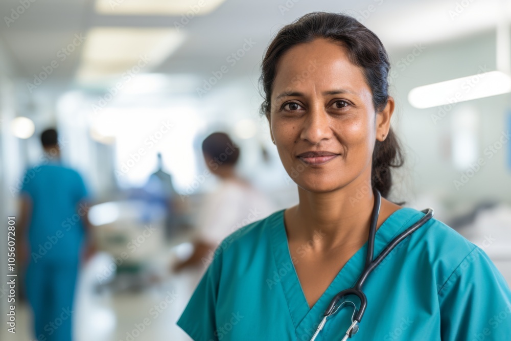 Smiling portrait of a middle aged Indian nurse in hospital Smiling portrait of a middle aged Indian nurse in hospital