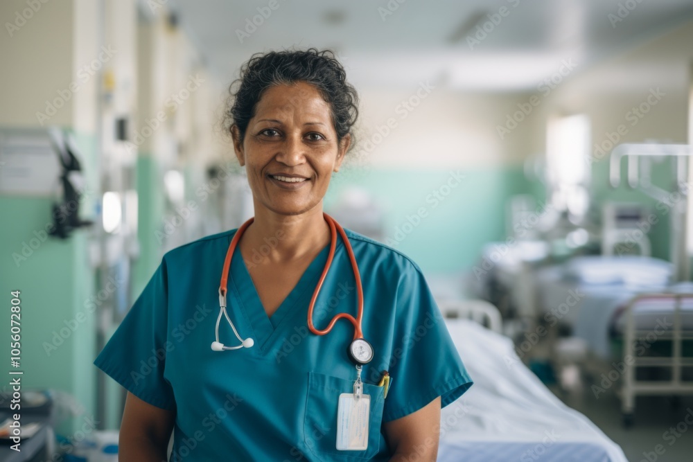 Smiling portrait of a middle aged Indian nurse in hospital Smiling portrait of a middle aged Indian nurse in hospital