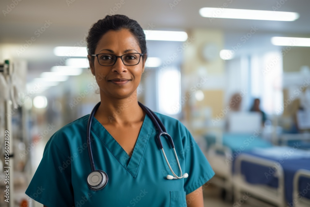 Smiling portrait of a middle aged Indian nurse in hospital Smiling portrait of a middle aged Indian nurse in hospital