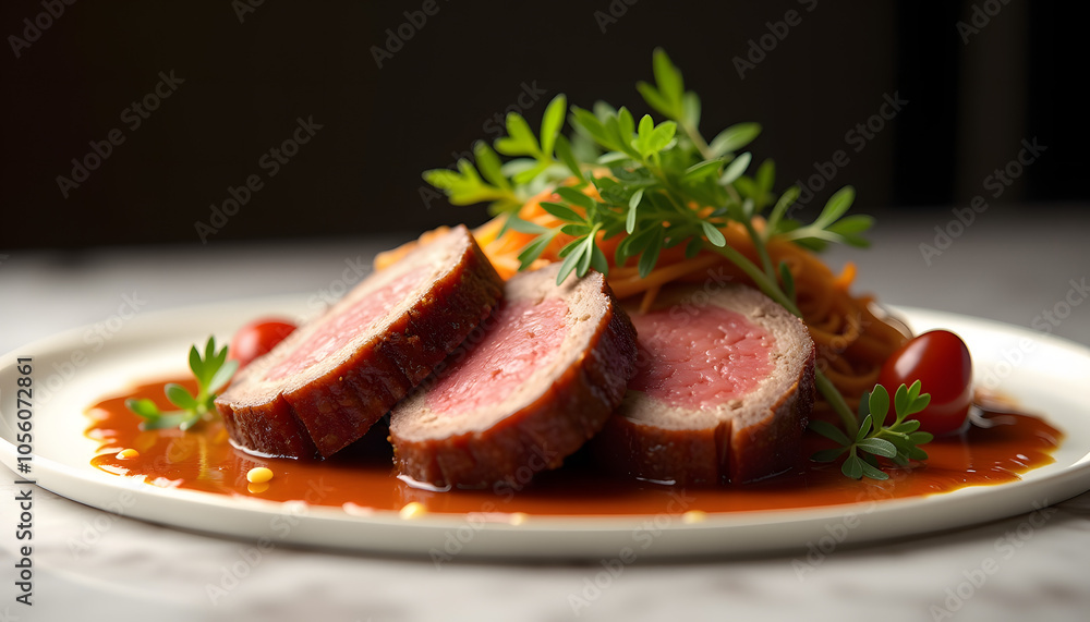Sliced roast meat presented elegantly with pasta and garnished with fresh herbs on white plate
Sliced roast meat presented elegantly with pasta and garnished with fresh herbs on white plate