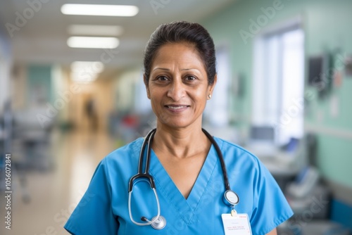 Smiling portrait of a middle aged Indian nurse in hospital