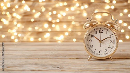 Vintage alarm clock on wooden table with blurred lights background. photo