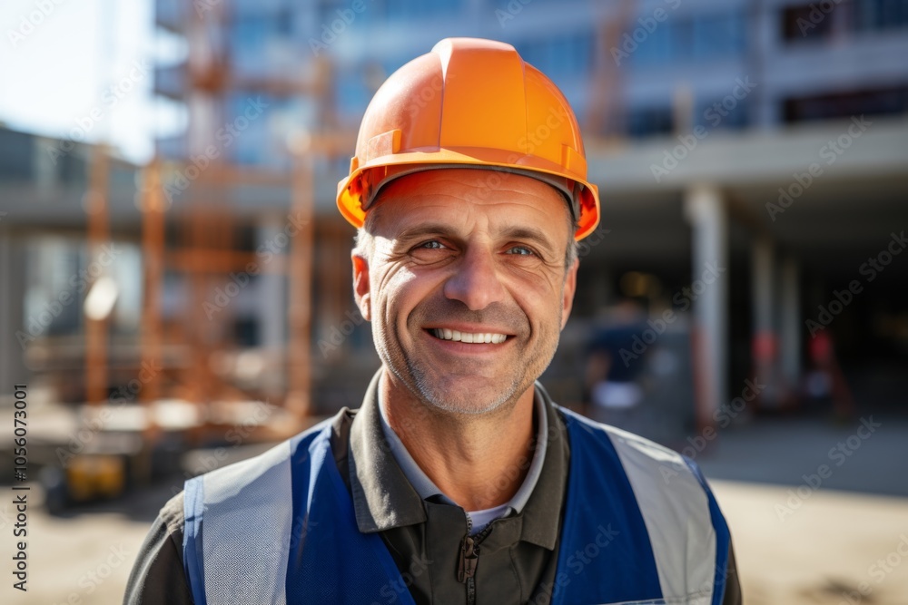 Smiling portrait of a middle aged Caucasian businessman on construction site Smiling portrait of a middle aged Caucasian businessman on construction site