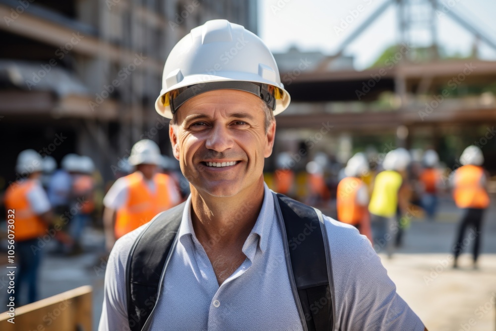 Smiling portrait of a middle aged Caucasian businessman on construction site Smiling portrait of a middle aged Caucasian businessman on construction site