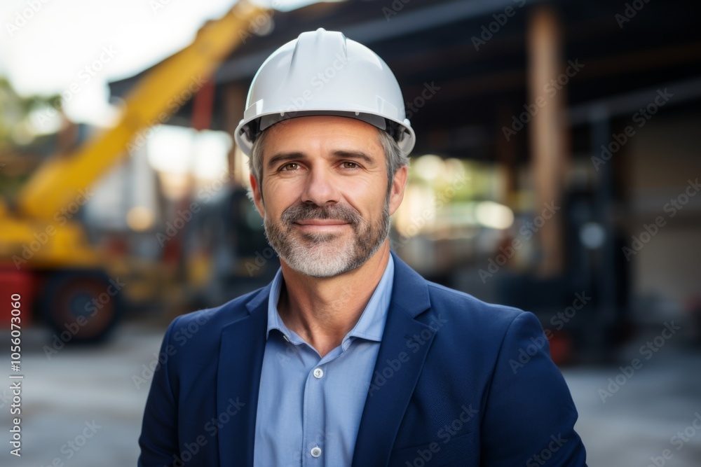 Smiling portrait of a middle aged Caucasian businessman on construction site Smiling portrait of a middle aged Caucasian businessman on construction site