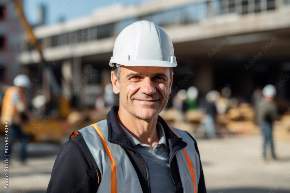 Smiling portrait of a middle aged Caucasian businessman on construction site Smiling portrait of a middle aged Caucasian businessman on construction site