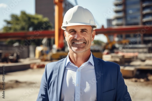 Smiling portrait of a middle aged Caucasian businessman on construction site