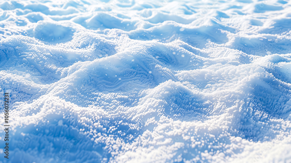 Obraz premium Beautiful winter background with snowy ground. Natural snow texture with wind-sculpted patterns on the snow surface. Wide panoramic texture for background and design.
