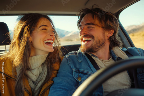 Excited playful European couple in sunglasses driving luxury car, enjoying music, singing and smiling, spouses going on vacation, windshield view
 photo