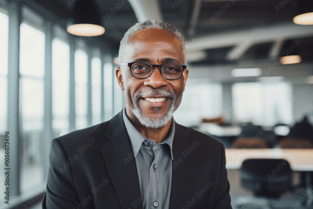 Smiling portrait of a senior African American businessman in modern office Smiling portrait of a senior African American businessman in modern office