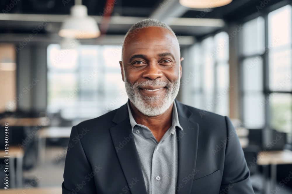 Fototapeta premium Smiling portrait of a senior African American businessman in modern office