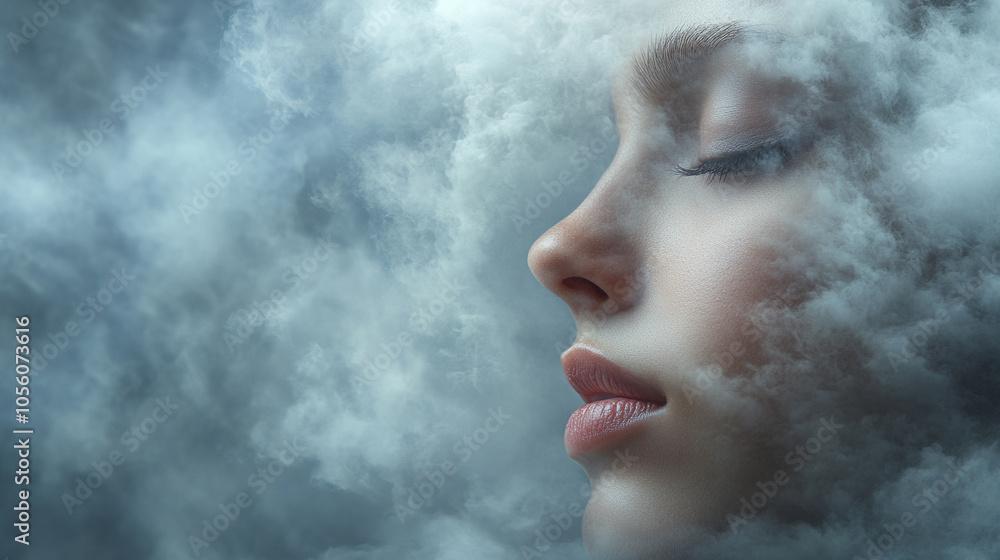woman’s face obscured in a soft, white cloud, evoking themes of mental fog, introspection, and emotional depth. The image conveys a feeling of clouded thoughts, headache, and psychological introspecti woman’s face obscured in a soft, white cloud, evoking themes of mental fog, introspection, and emotional depth. The image conveys a feeling of clouded thoughts, headache, and psychological introspecti