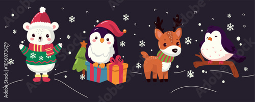 set of animals for Christmas and New Year. cute animals for Christmas penguin bear deer bullfinch. banner, postcard, poster for Christmas New Year